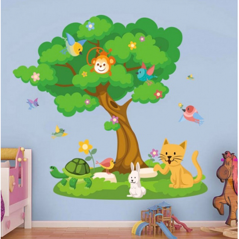 Αυτοκόλλητο τοίχου με Τοπία δέντρο με ζωάκια